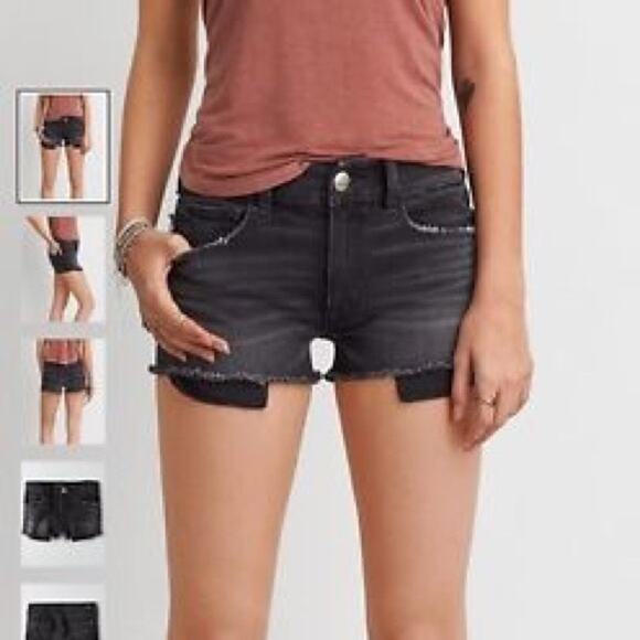 American Eagle 14 Hi-Rise Shortie Black Gray Jean Denim Shorts Distressed Ripped - Picture 1 of 12